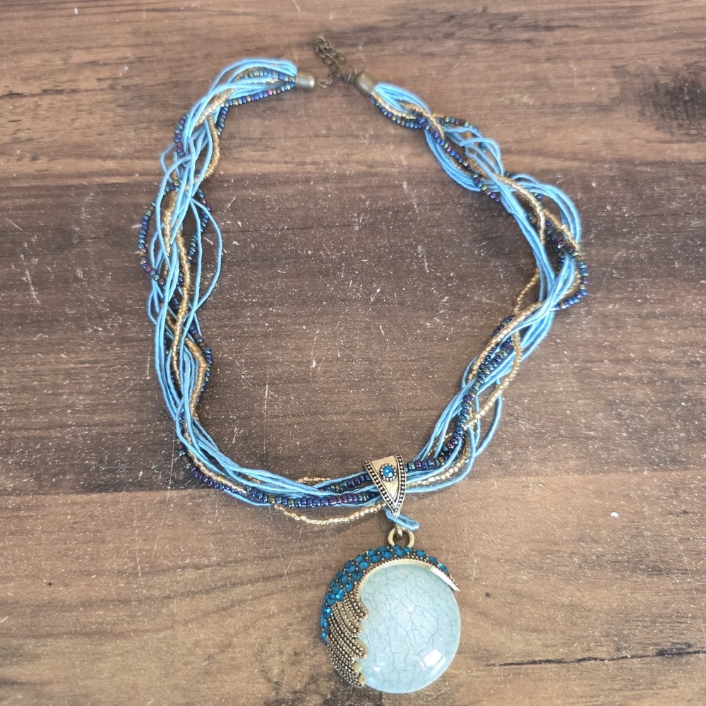 Turquoise Moon Crescent Pendant Glow Cabochon Threaded Cord Beaded Rhinestones